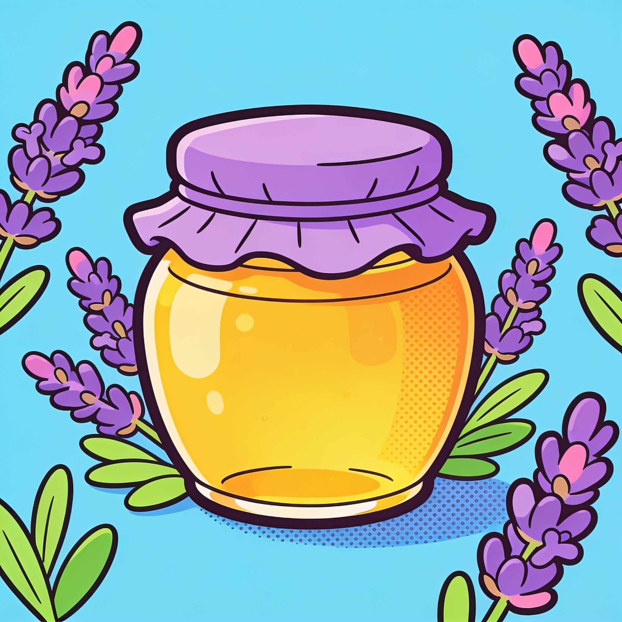A squat jar of light golden honey with a lilac cloth lid, sprigs of purple lavender around it