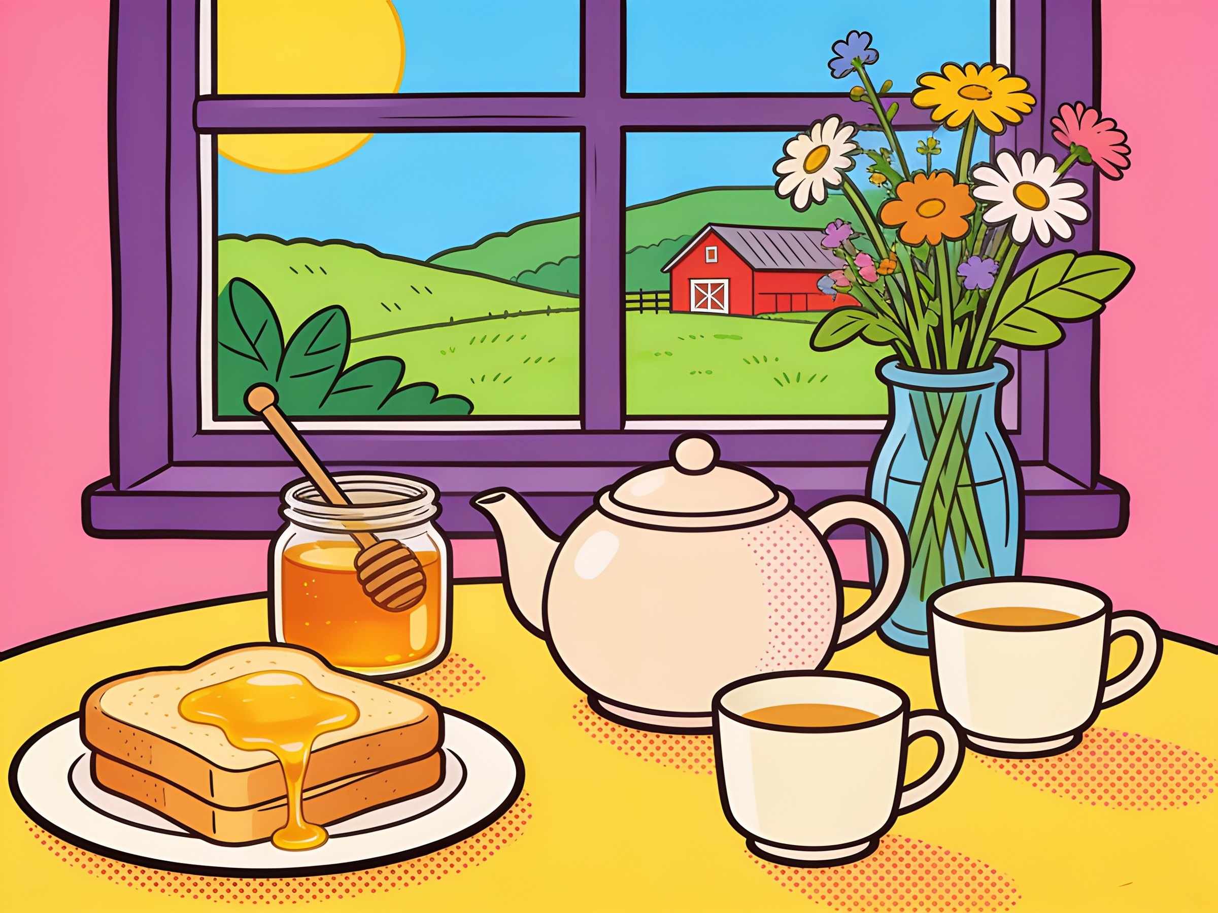A sunny breakfast table with honey dripping from toast, a teapot, a jar with a dipper and a view of the barn through the window