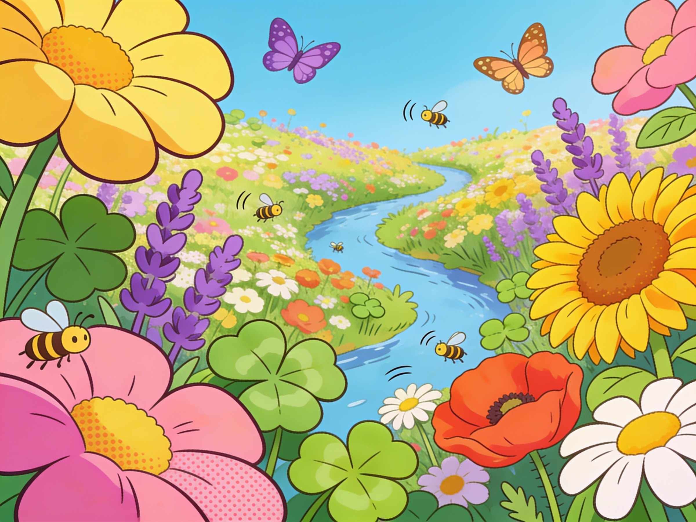 A meadow seen from bee height, full of giant clover, lavender, sunflowers and poppies around a winding stream