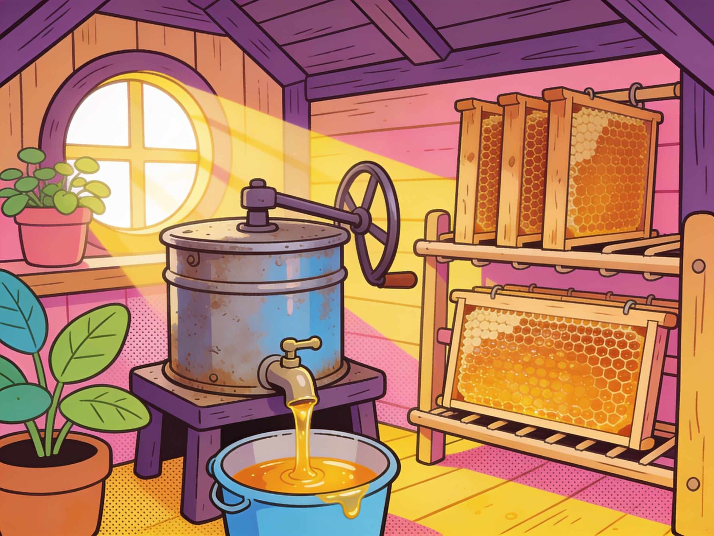 A wooden honey house with a hand-cranked steel extractor pouring golden honey into a bucket, frames of comb on a rack