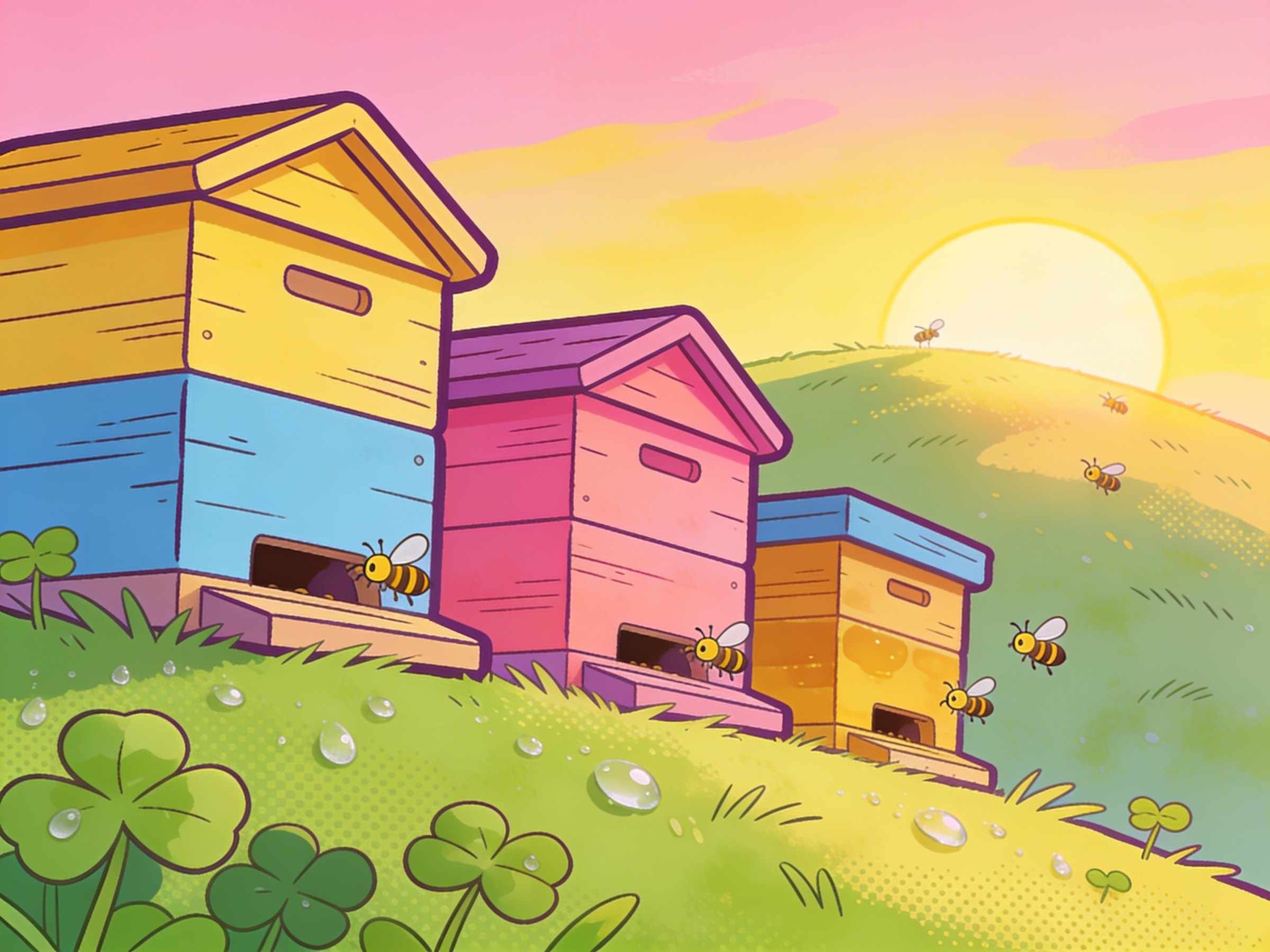 Three colorful wooden beehives on a dewy hill at dawn, little bees flying out as the sun rises