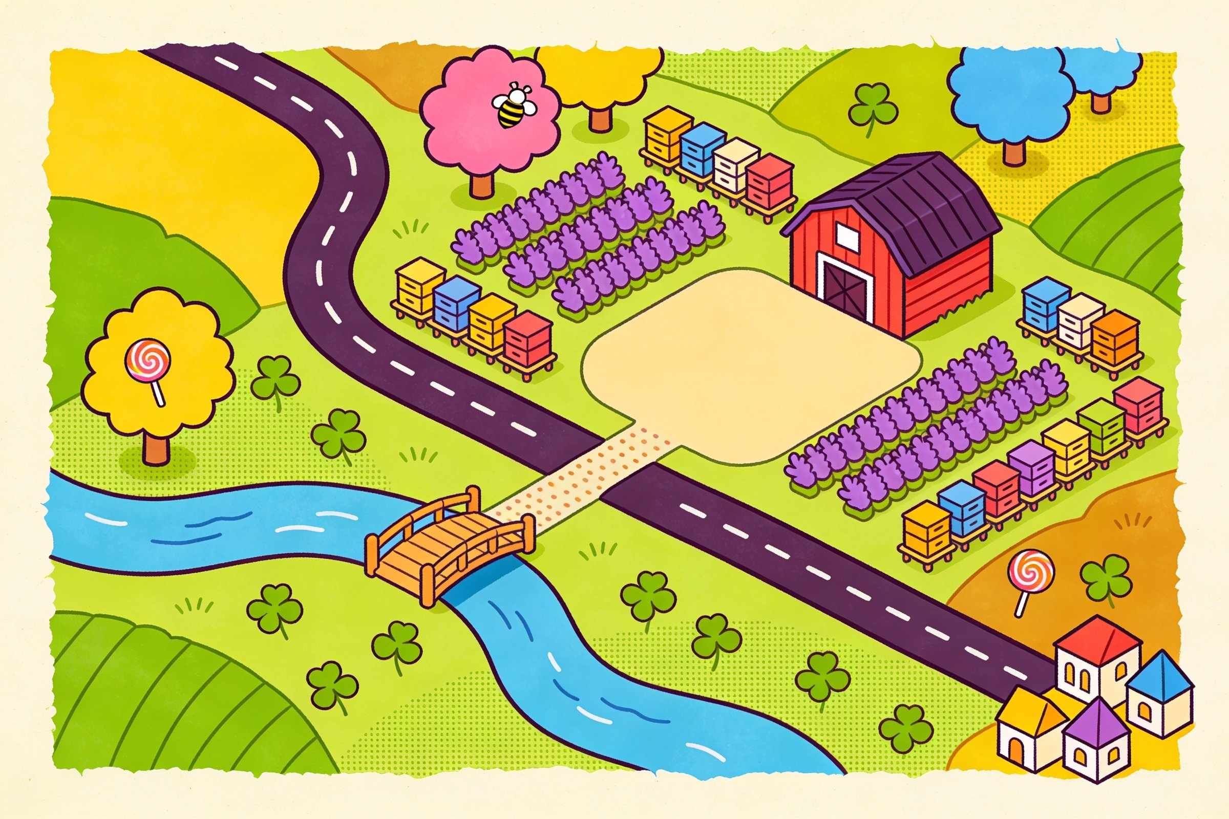 An illustrated map of the valley: a road from the village, a bridge over the stream, rows of lavender and beehives around a red barn