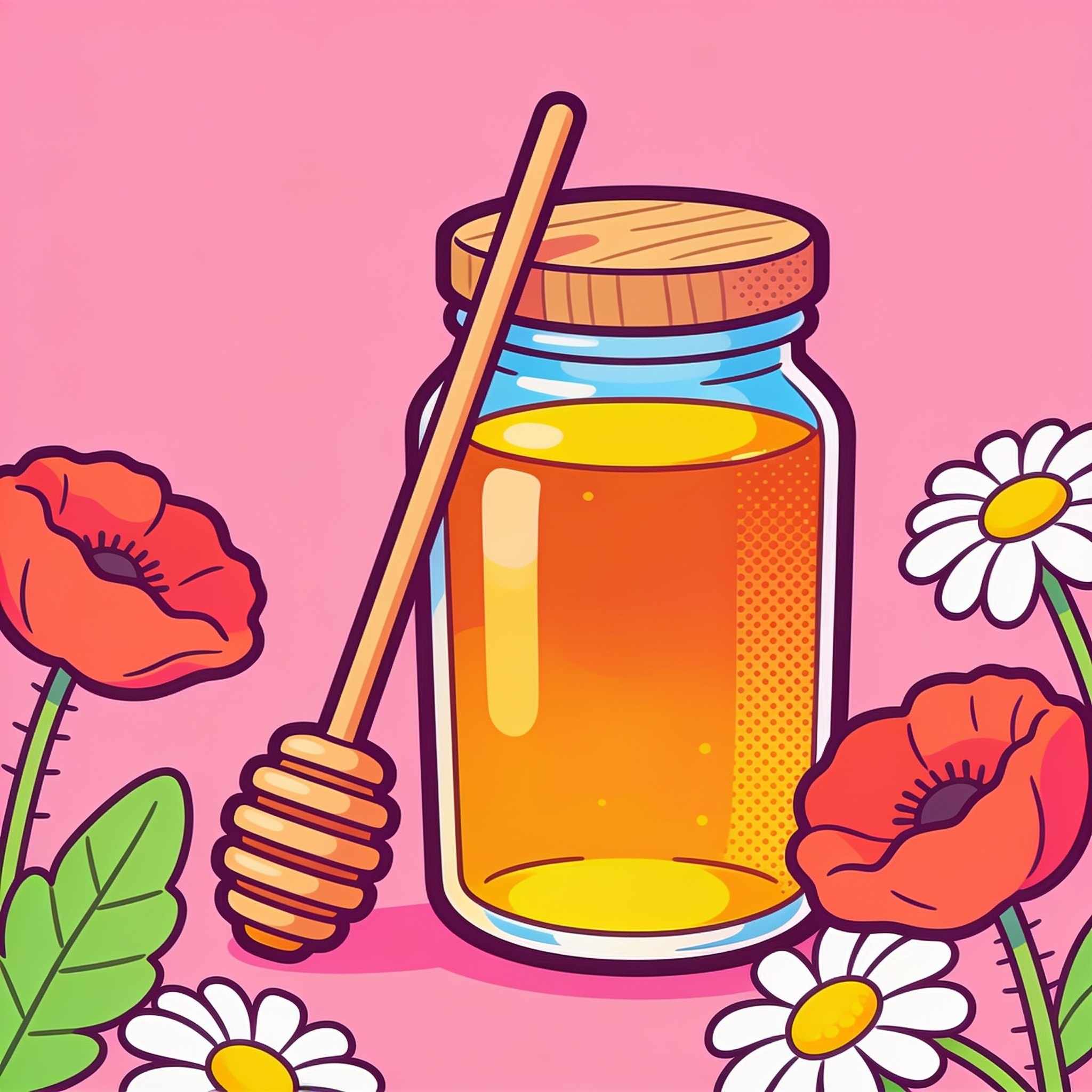 A tall jar of deep amber honey with a wooden lid and a honey dipper leaning on it, poppies and daisies around it