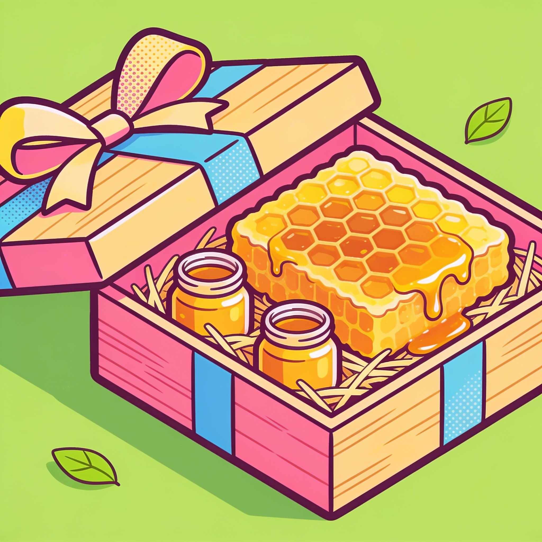 An open wooden gift box with a dripping slab of honeycomb and two small honey jars nestled in straw, a ribbon bow on the lid