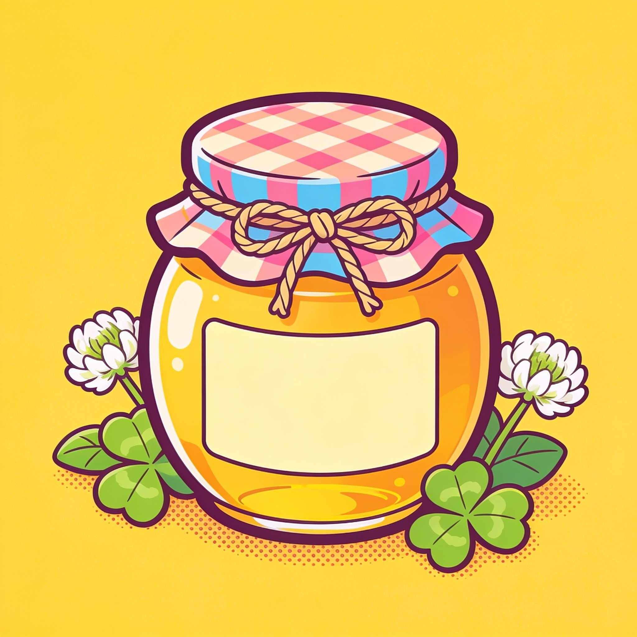 A round jar of pale golden honey with a pink and blue gingham lid tied with twine, white clover flowers around it