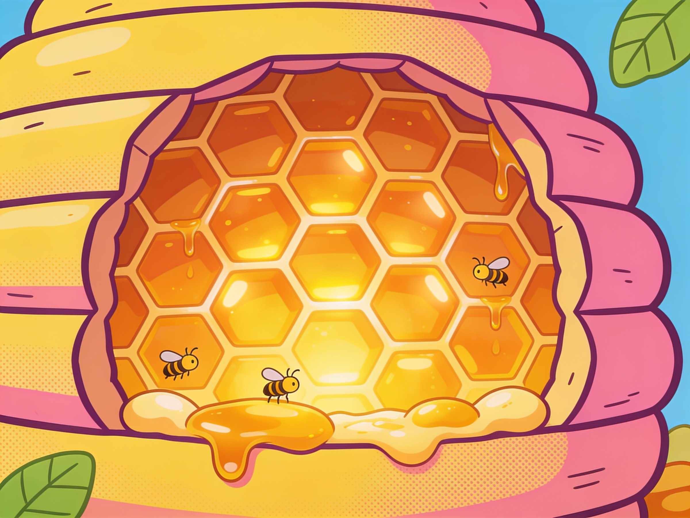 Inside a cozy hive: rows of glowing amber honeycomb cells with honey dripping and a few bees at work