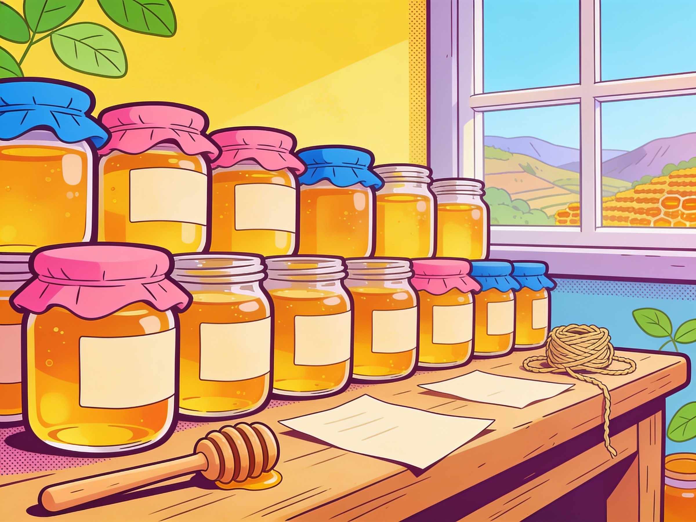 A workbench with rows of honey jars with cloth lids, a honey dipper, paper labels and twine by a sunny window
