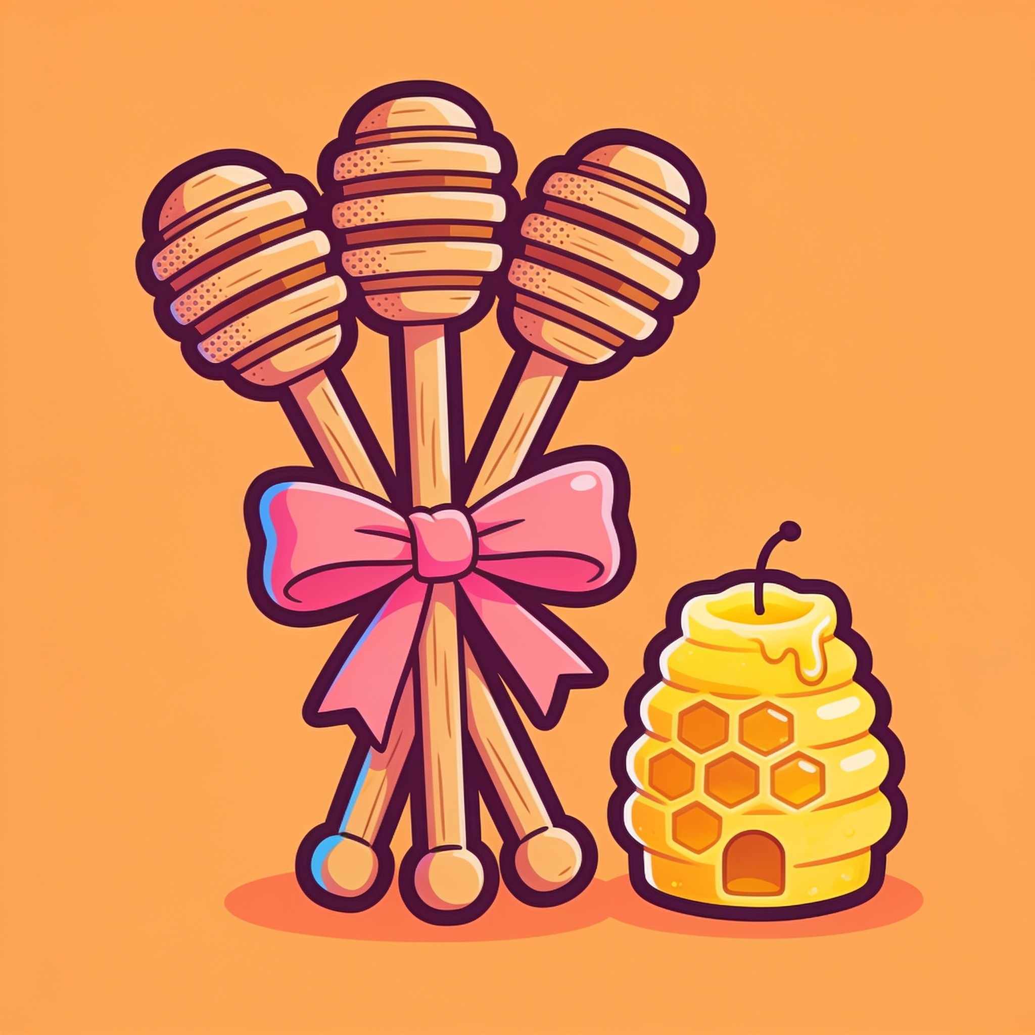 Three wooden honey dippers tied with a pink ribbon next to a small yellow candle shaped like a beehive