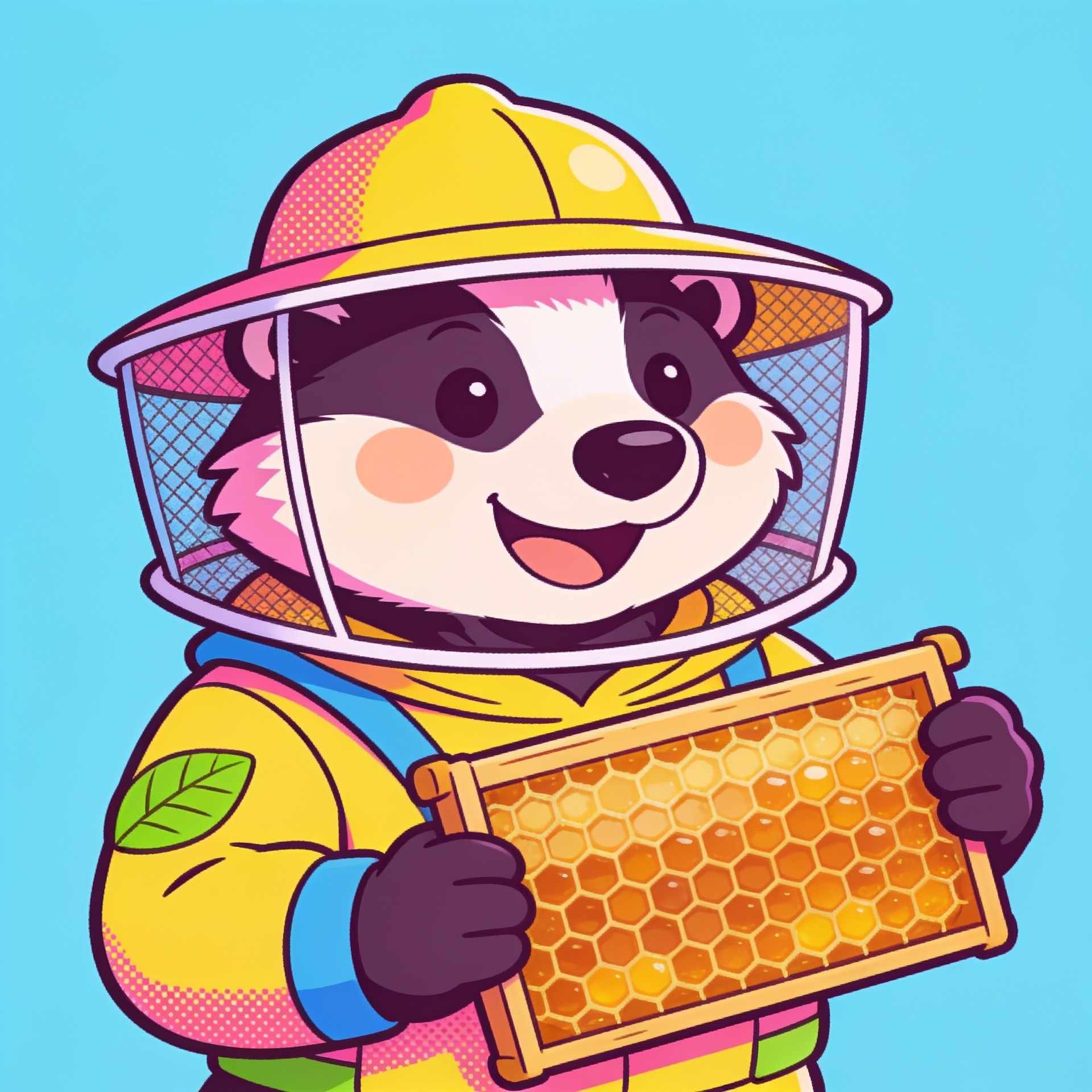 A cheerful cartoon badger in a beekeeper's veil hat holding a frame of honeycomb