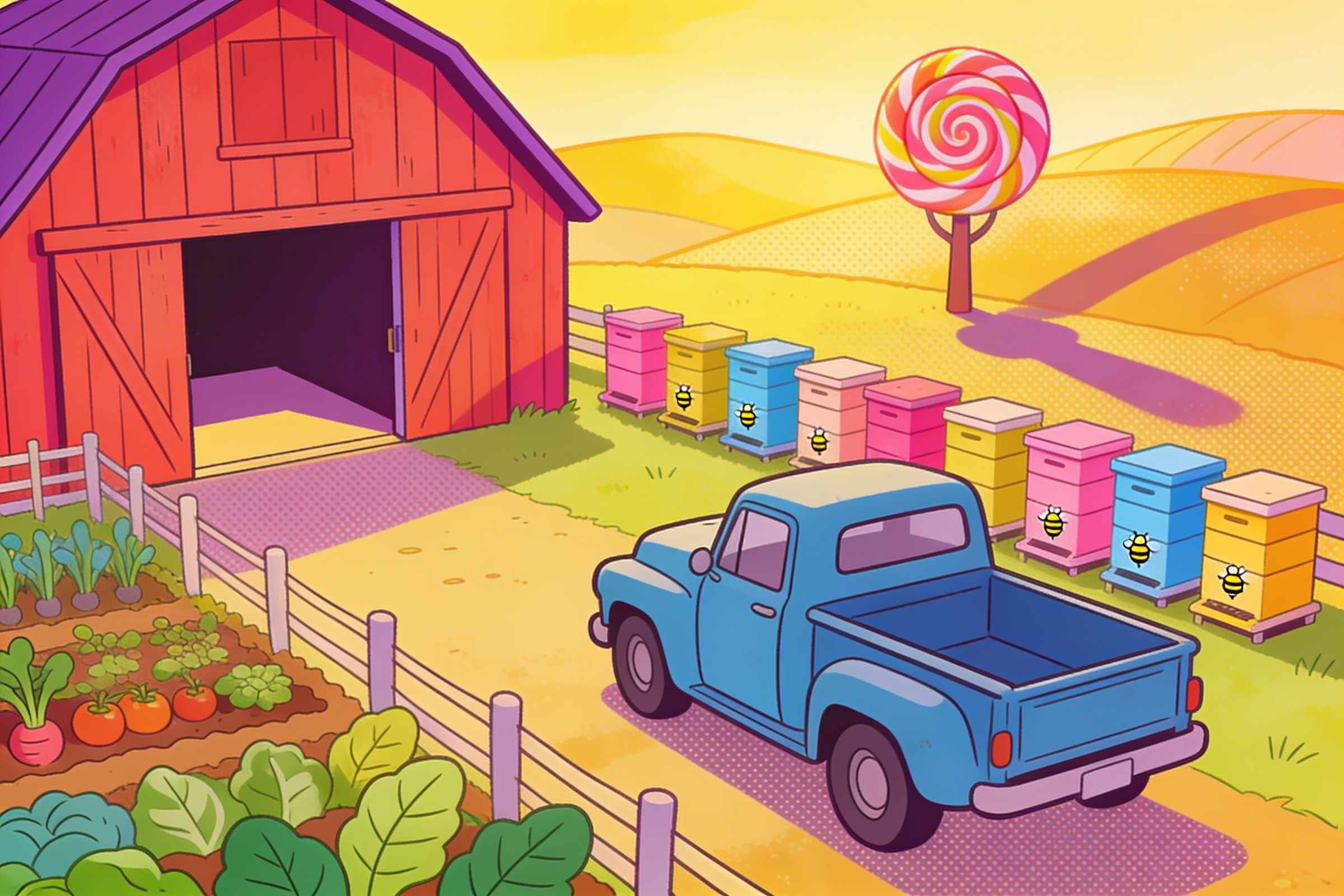 A red barn with its door open at golden hour, a vegetable garden, colorful hives along a fence and an old blue pickup truck