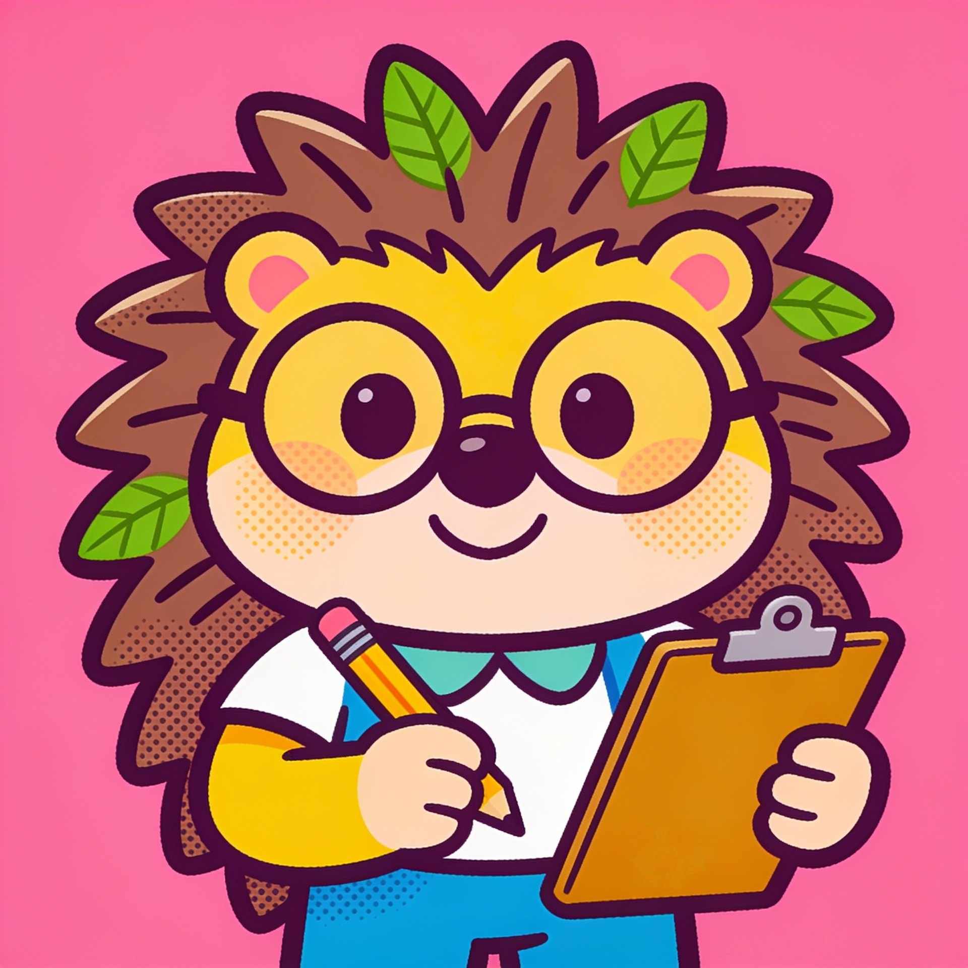 A cartoon hedgehog with round glasses writing on a clipboard