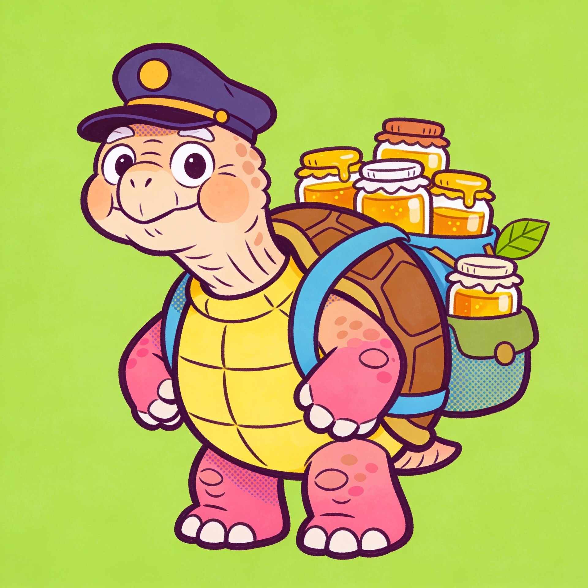 An old cartoon tortoise in a postman's cap carrying a satchel full of honey jars