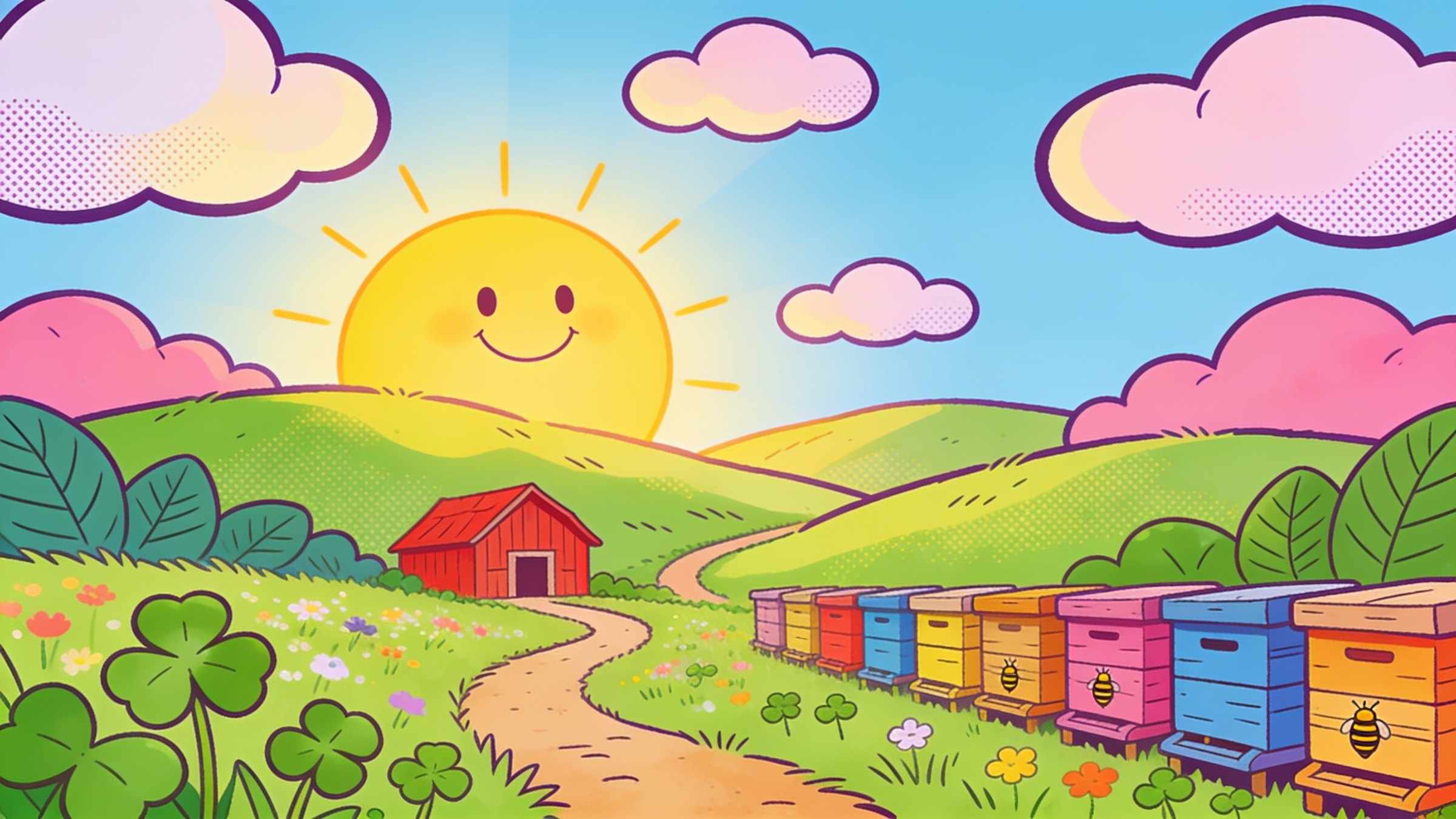 A cartoon valley at sunrise: green hills, a winding path, a little red barn and a row of colorful beehives under a smiling sun
